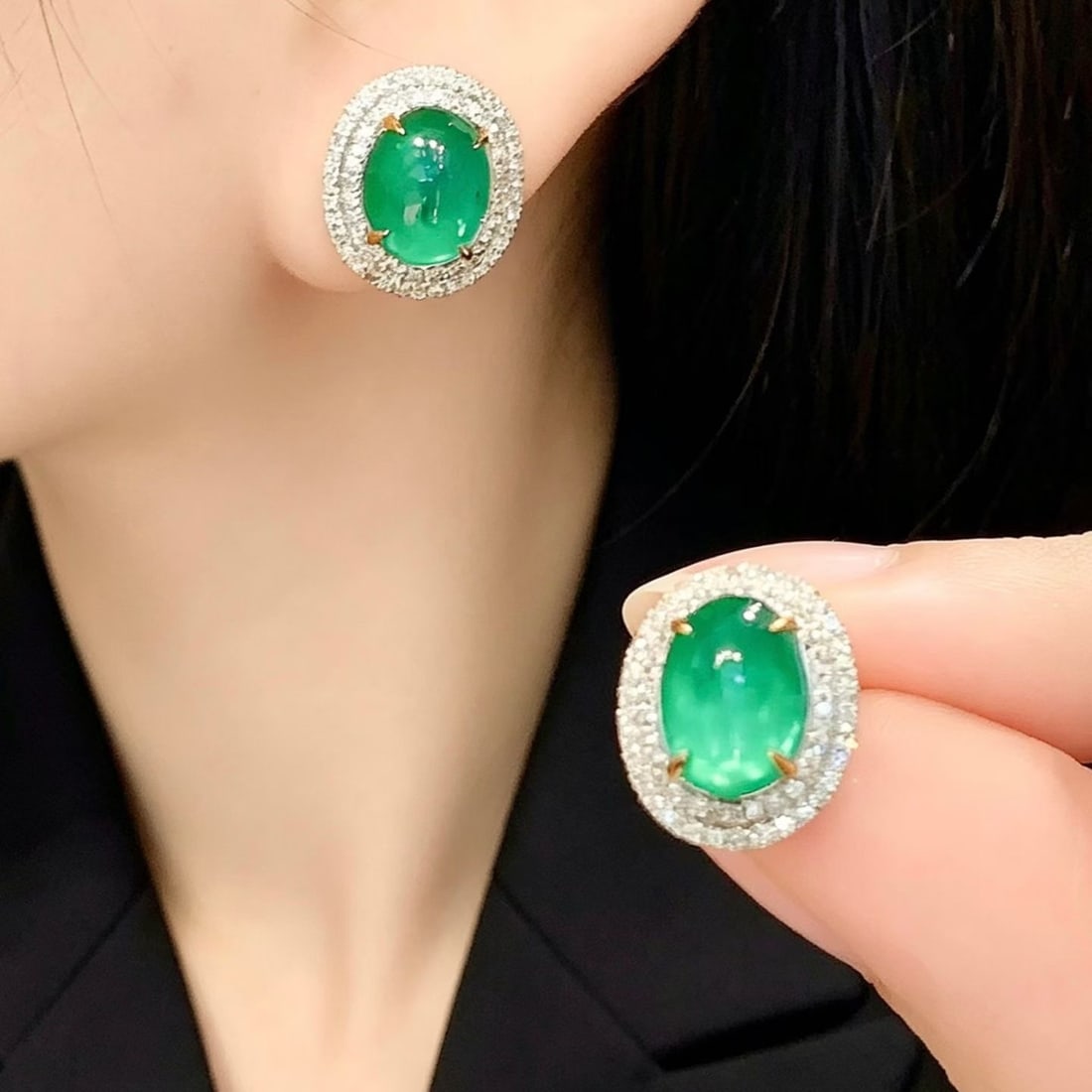 14k Gold 3 Ct Natural Emerald & Diamond Earrings - 3