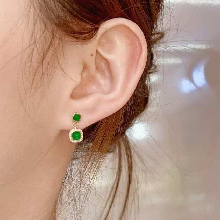 14k Gold 1.6 Ct Natural Emerald & Diamond Earrings - 2