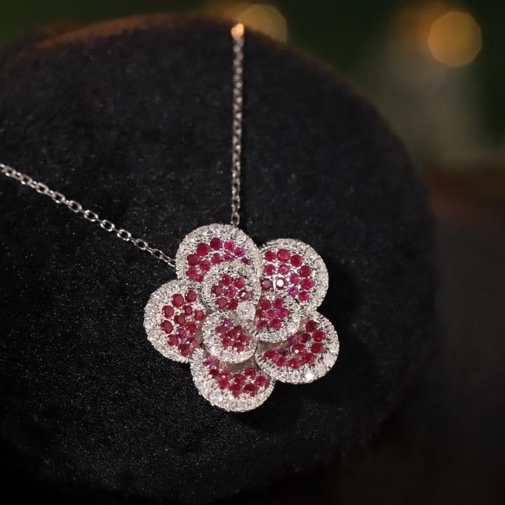 14k Gold 0.80 Ctw Natural Ruby & Diamond & Flowers Necklace: Ref:231186183 // gold content:14k gold // main gemstone:ruby // shape:round // carat weight:0. 55ct // color:red // treatment:natural // cut grade:g // // adjacent gemstone 2 : diamond // shape:round