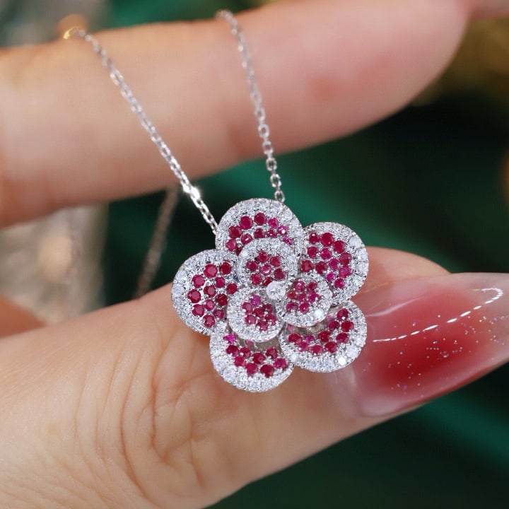 14k Gold 0.80 Ctw Natural Ruby & Diamond & Flowers Necklace - 6