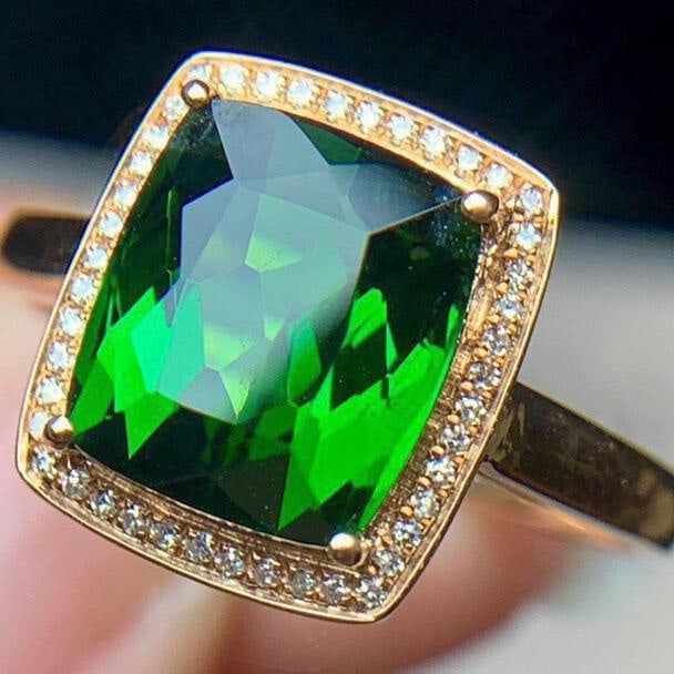 14k Gold 4.7 Ct Natural Tourmaline & Diamond Ring: Ref:231186200 // gold content:14k gold // ring size:7. 25us // // main gemstone:tourmaline // shape:cushion // carat weight:4. 7ct // color:green // treatment:natural // // adjacent gemstone 2 :