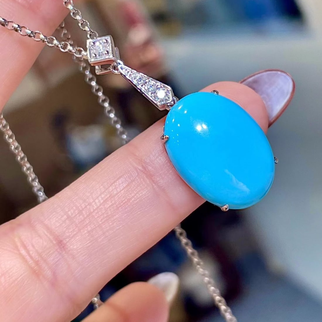 14k Gold 10.11 Ctw Natural Blue Turquoise & Diamond Necklace - 2