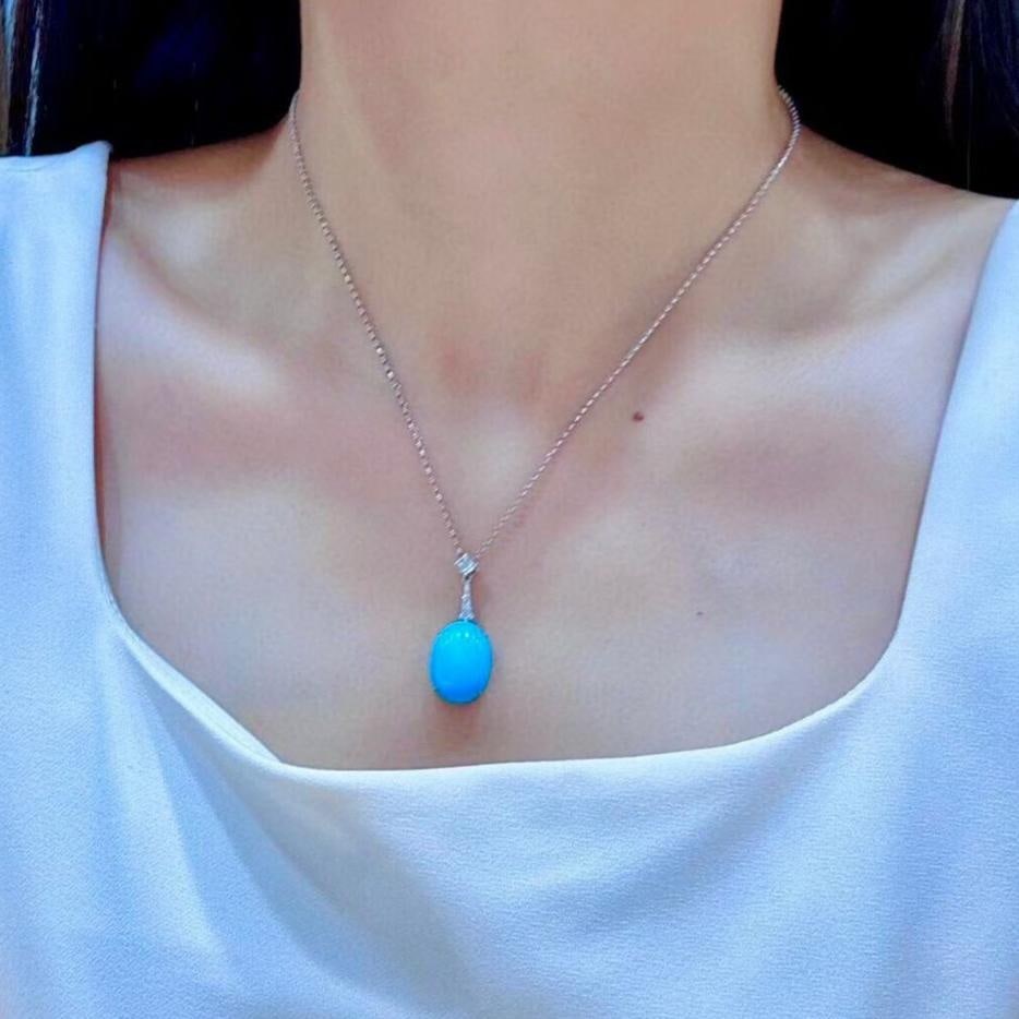 14k Gold 10.11 Ctw Natural Blue Turquoise & Diamond Necklace - 4