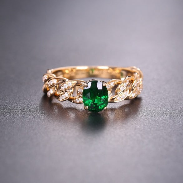14k Gold 1.18 Ctw Vivid Green Natural Tsavorite & Diamond Ring: Ref:231186203 // gold content:14k gold // ring size:7. 25us // // main gemstone:tsavorite // shape:oval // carat weight:1. 06ct // color:vivid green // treatment:natural // // adjacent gemstone 2 :