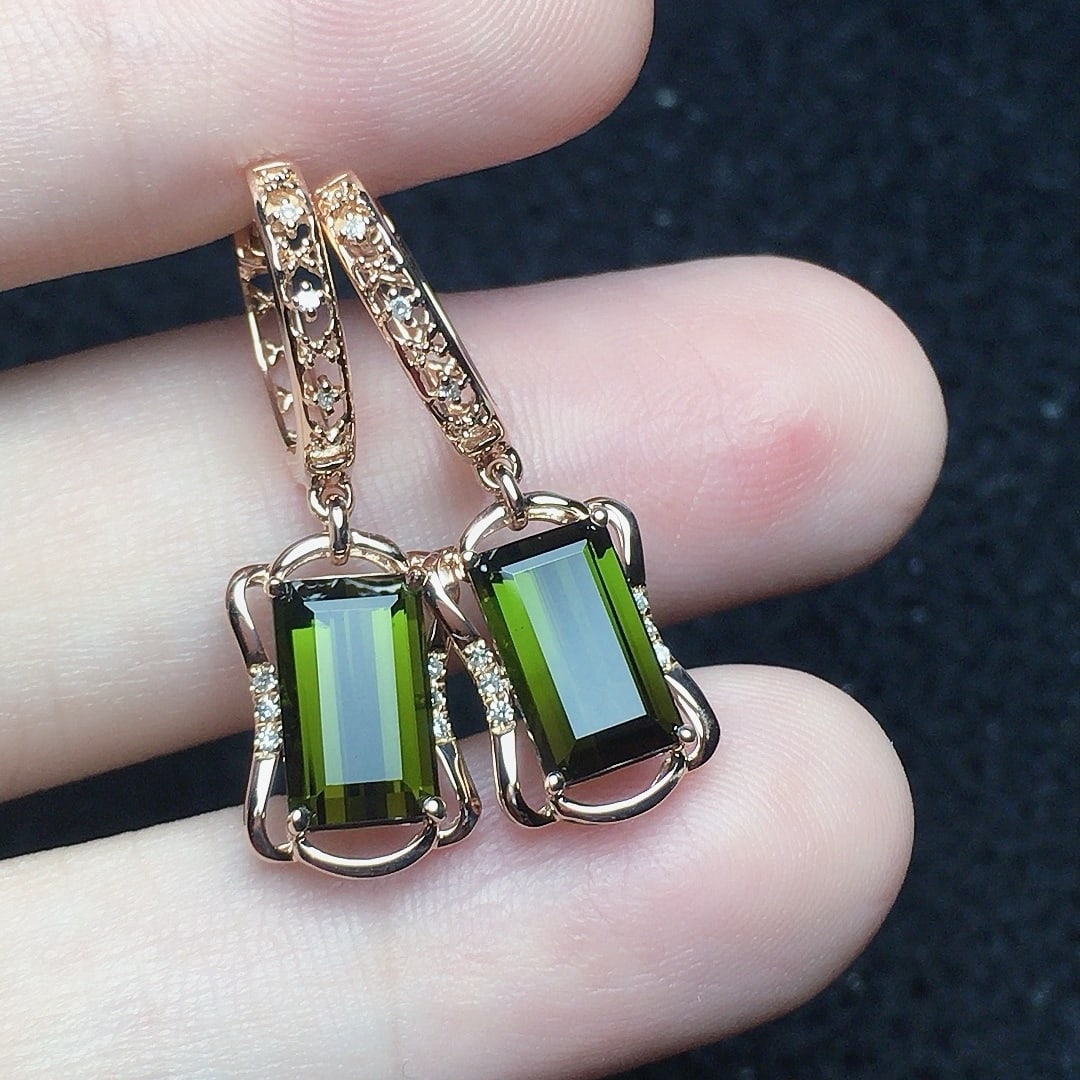 14k Gold 2.98 Ct Natural Tourmaline & Diamond Earrings - 2
