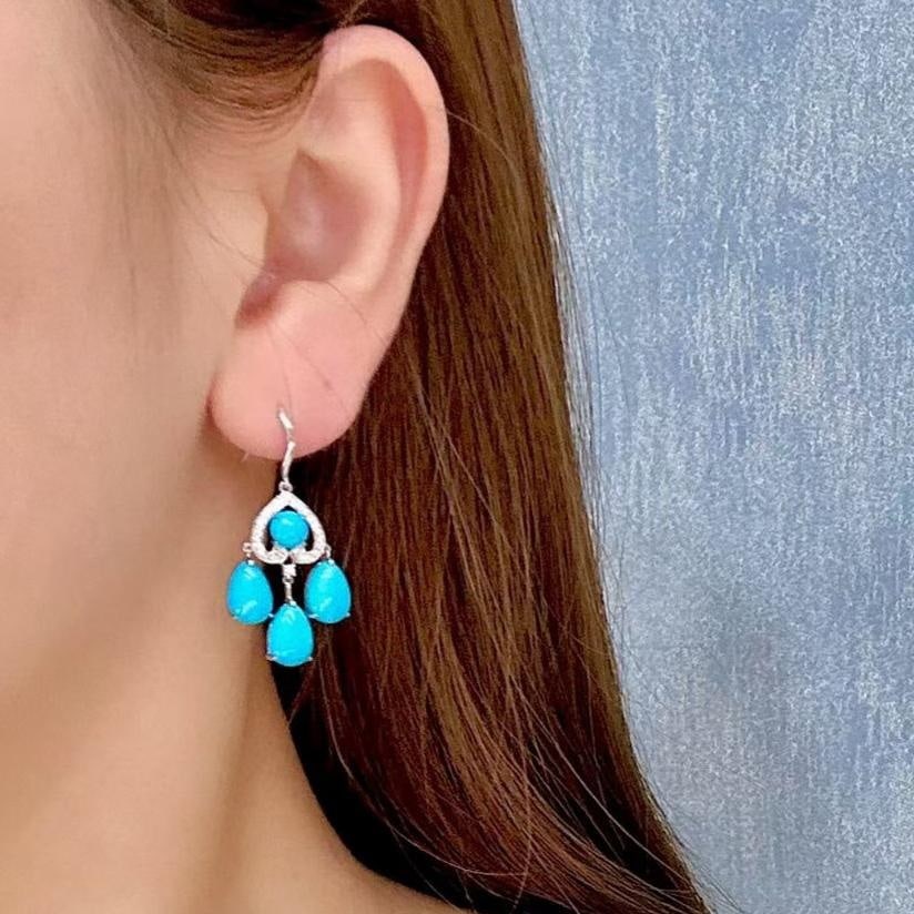 14k Gold 9.22 Ctw Natural Blue Turquoise & Diamond Earrings - 2