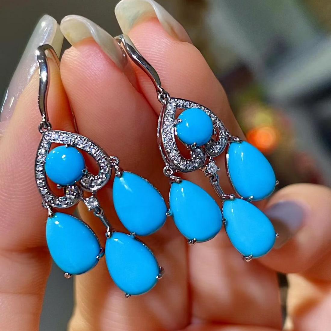 14k Gold 9.22 Ctw Natural Blue Turquoise & Diamond Earrings - 3