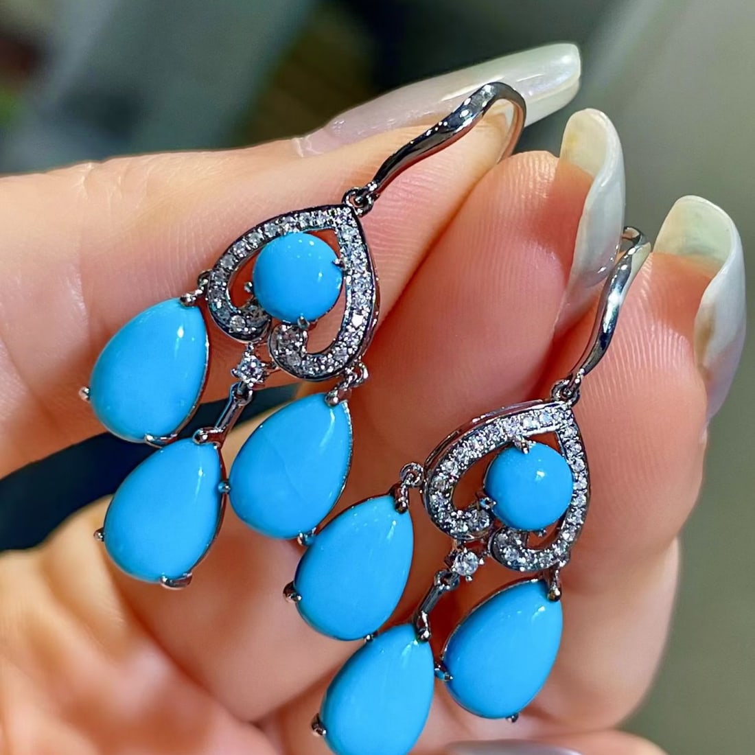 14k Gold 9.22 Ctw Natural Blue Turquoise & Diamond Earrings - 4