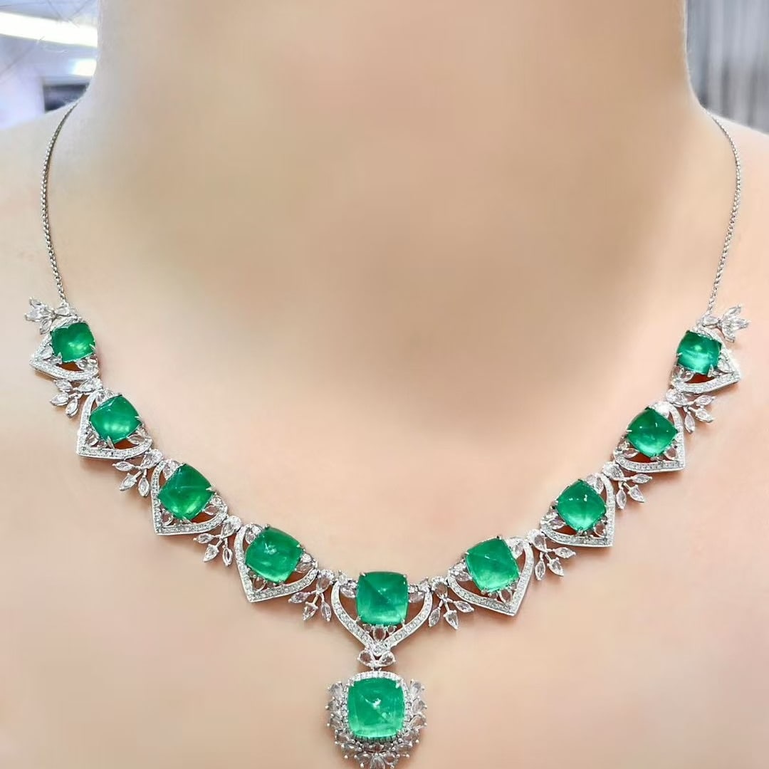 14k Gold 22.1 Ct Natural Emerald & Diamond & Sapphire Necklace - 6
