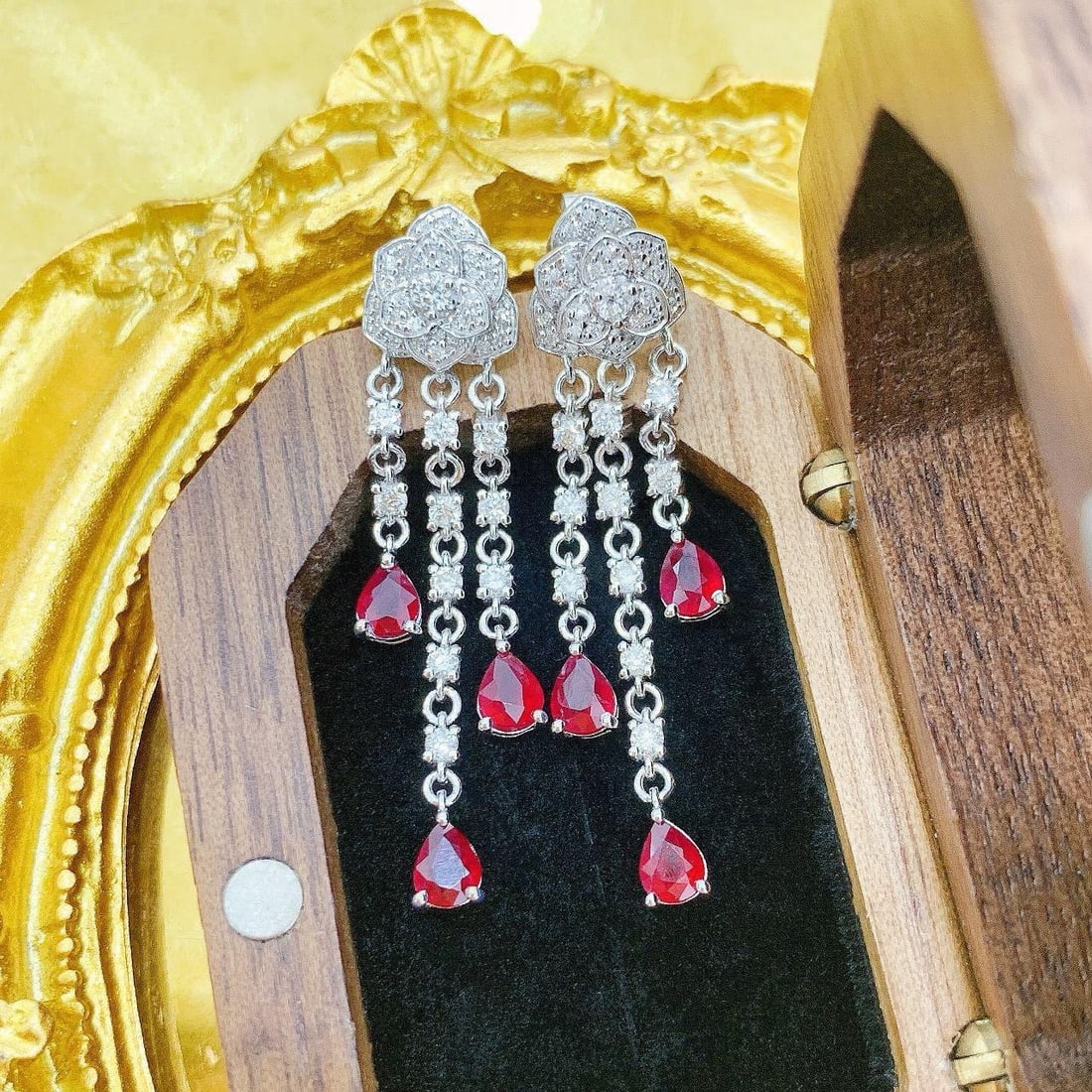 14k Gold 2.12 Ctw Natural Ruby & Diamond Earrings: Ref:231186240 // gold content:14k gold // main gemstone:ruby // shape:pear // carat weight:1. 48ct // color:red // treatment:natural // // adjacent gemstone 2 : diamond // shape:round // carat