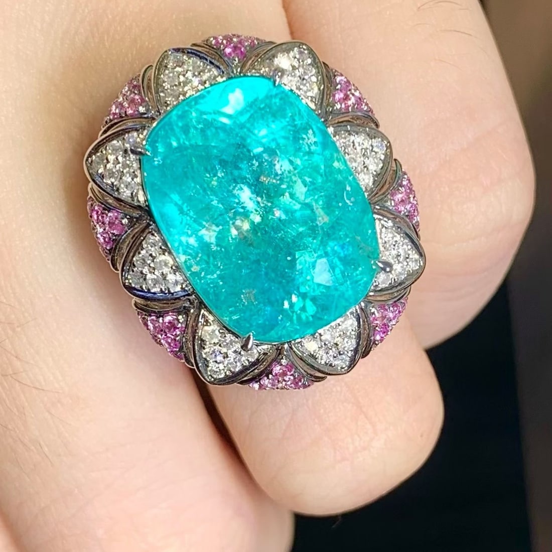 14k Gold 15.32 Ct Natural Paraiba Tourmaline & Diamond Ring - 3
