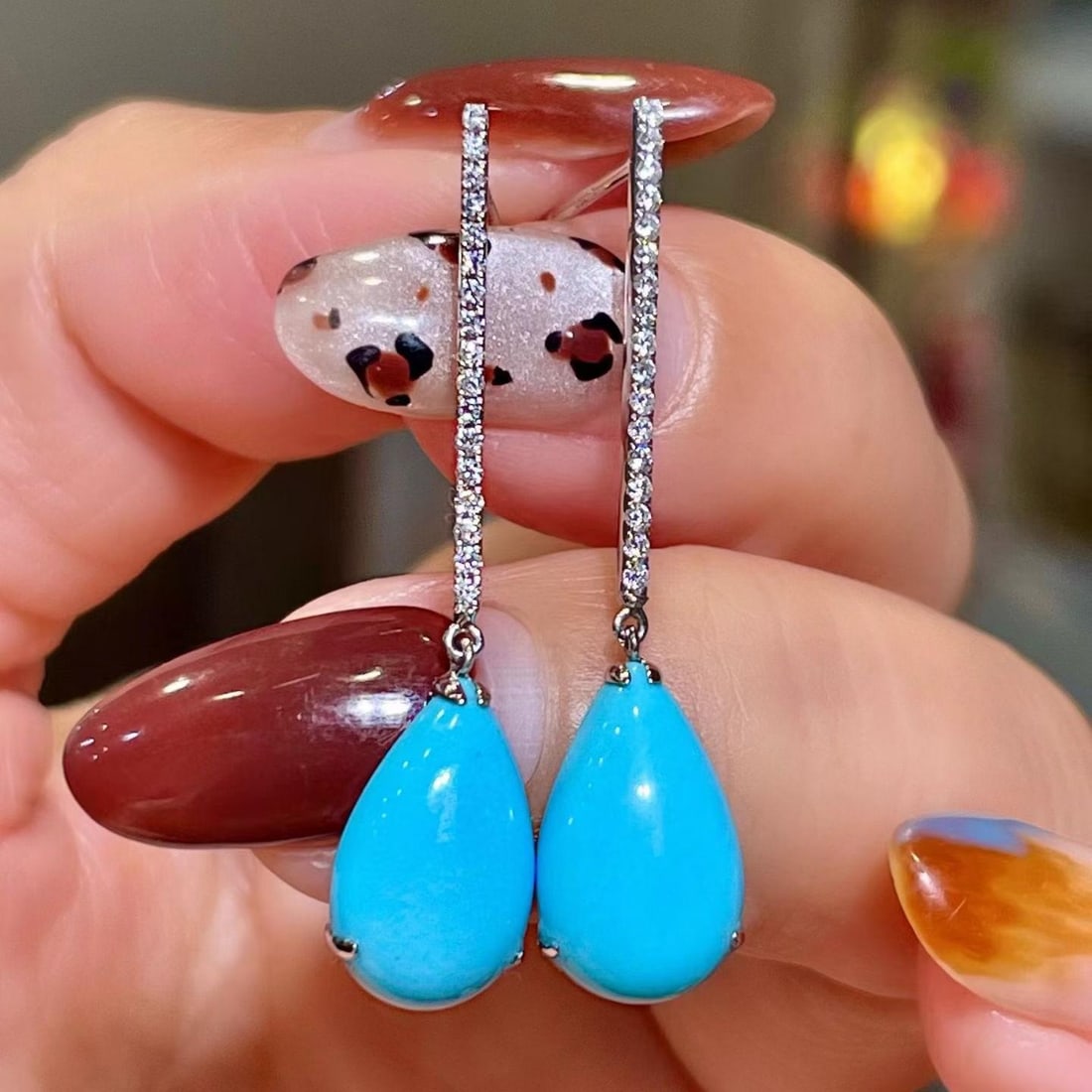 14k Gold 5.95 Ctw Natural Blue Turquoise & Diamond Earrings: Ref:231186251 // gold content:14k gold // main gemstone:blue turquoise // shape:pear // carat weight:5. 75ct // color:blue // treatment:natural // // adjacent gemstone 2 : diamond // shape:round // ca