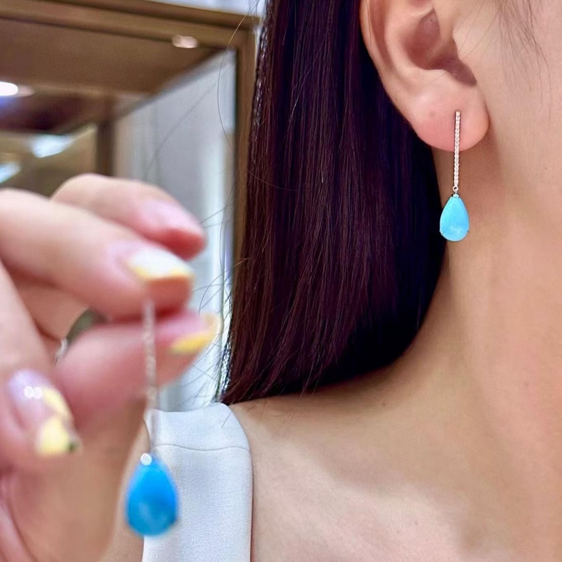 14k Gold 5.95 Ctw Natural Blue Turquoise & Diamond Earrings - 4