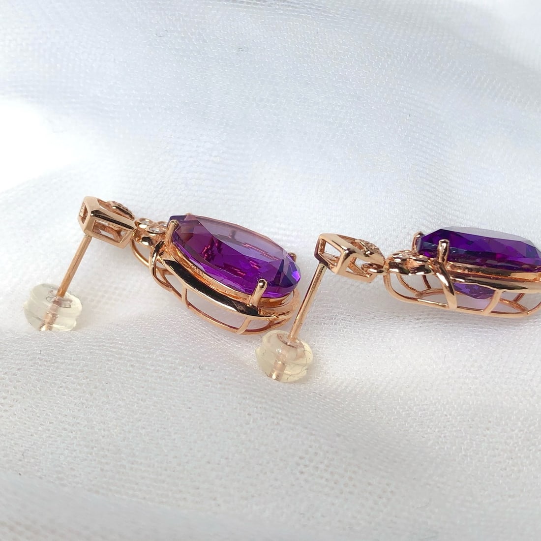 14k Gold 10.05 Ct Natural Amethyst & Diamond Earrings - 3