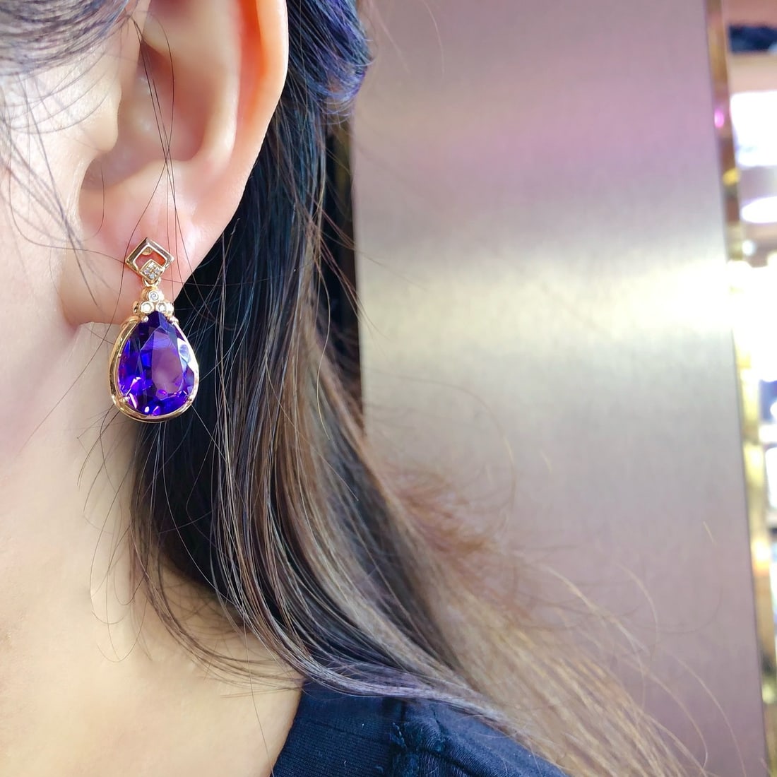 14k Gold 10.05 Ct Natural Amethyst & Diamond Earrings - 4