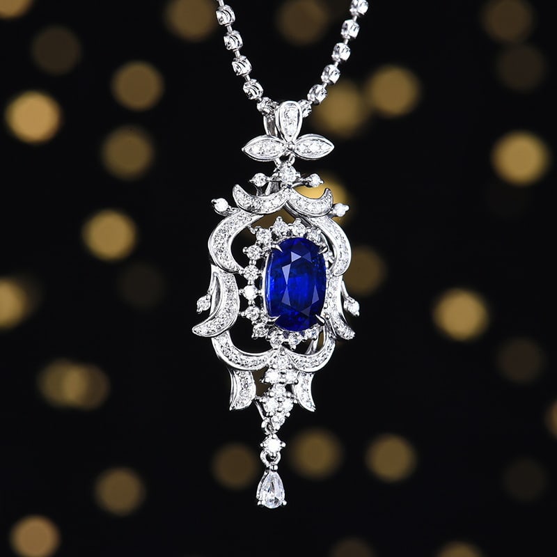 14k Gold 2.55 Ctw Vivid Blue Natural Sapphire & Diamond Pendant( Without Chain ) - 2