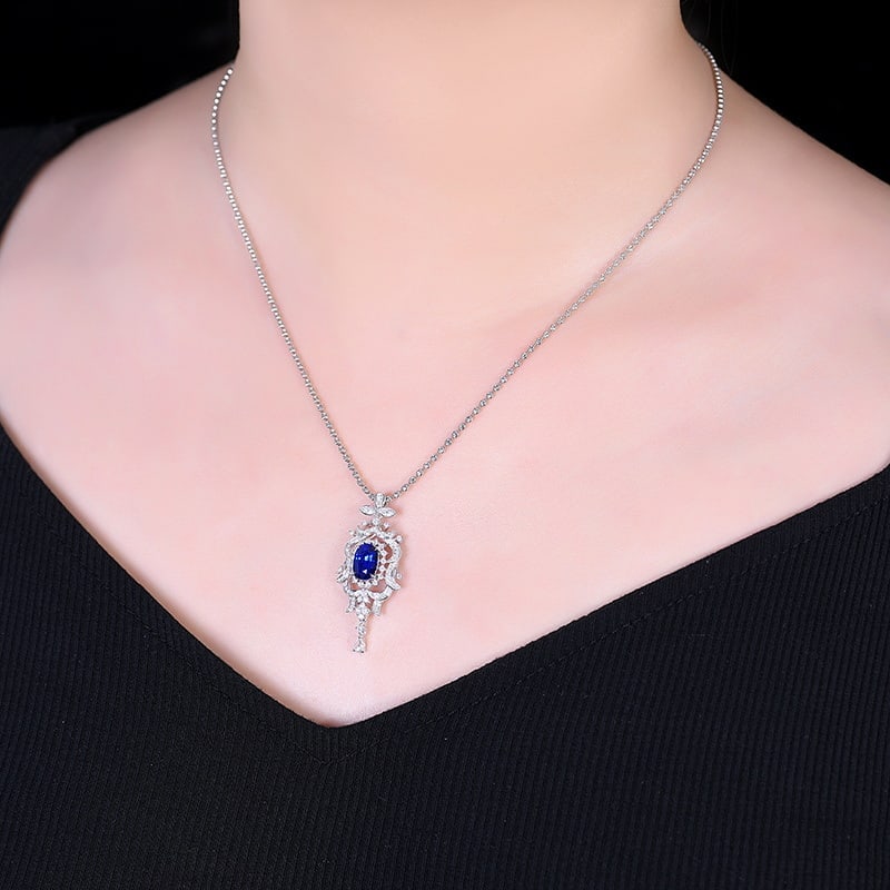 14k Gold 2.55 Ctw Vivid Blue Natural Sapphire & Diamond Pendant( Without Chain ) - 3