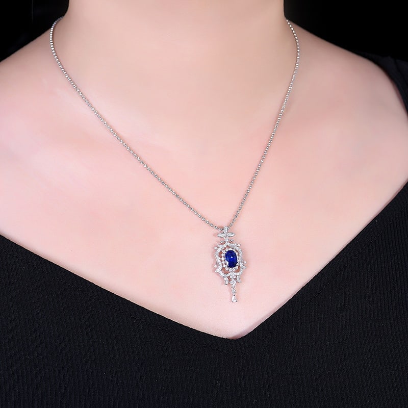 14k Gold 2.55 Ctw Vivid Blue Natural Sapphire & Diamond Pendant( Without Chain ) - 4