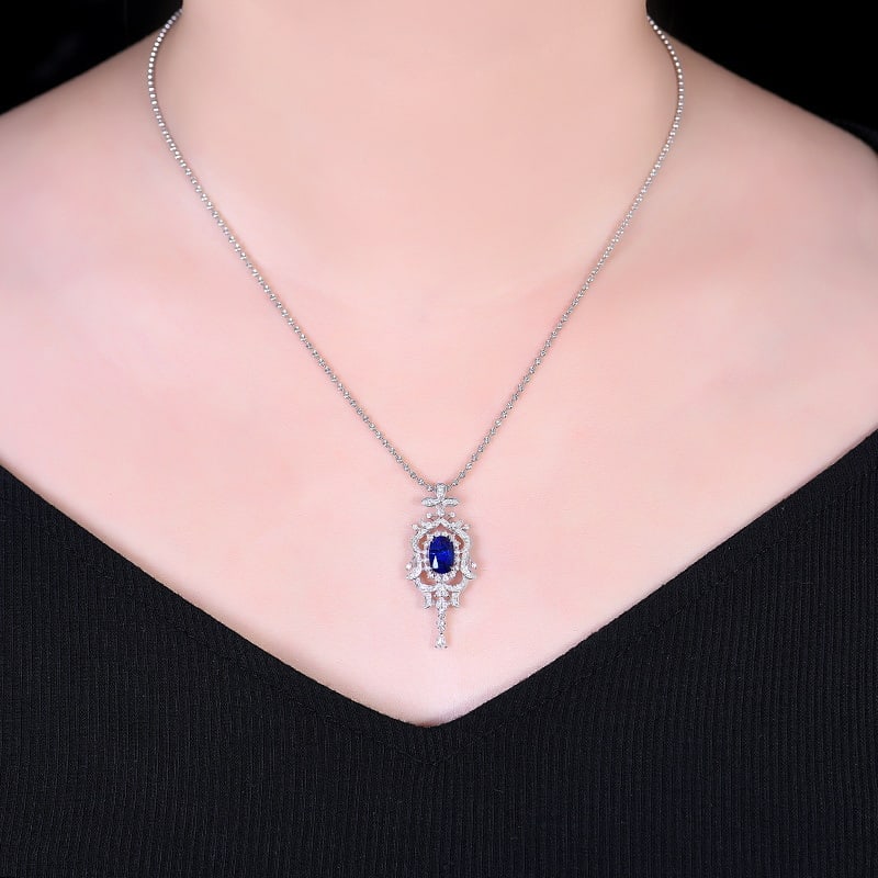 14k Gold 2.55 Ctw Vivid Blue Natural Sapphire & Diamond Pendant( Without Chain ) - 6