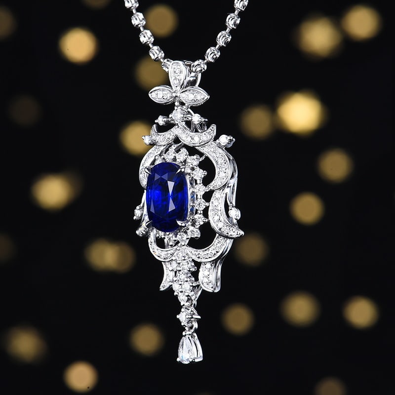14k Gold 2.55 Ctw Vivid Blue Natural Sapphire & Diamond Pendant( Without Chain ) - 7