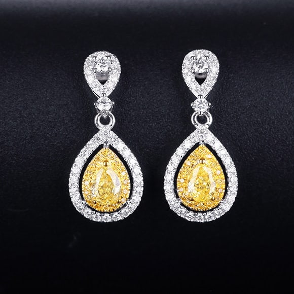 14k Gold 0.99 Ctw Natural Yellow Diamond & Diamond Earrings: Ref:231186279 // gold content:14k gold // main gemstone:yellow diamond // shape:pear // carat weight:0. 48ct // color:yellow // treatment:natural // // adjacent gemstone 2 : diamond // shape:round //