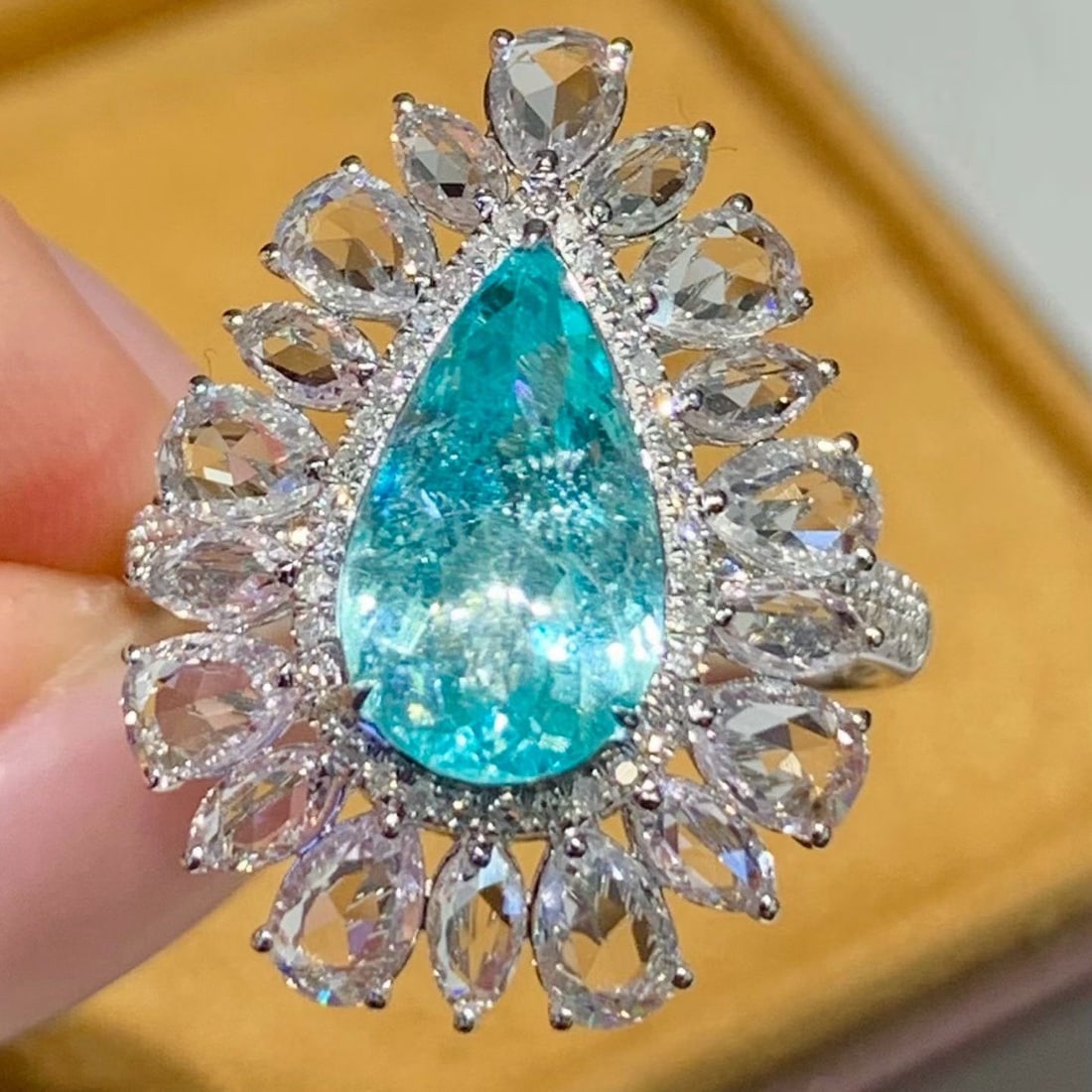 14k Gold 2.6 Ct Natural Paraiba Tourmaline & Diamond & Sapphire Ring: Ref:231186283 // gold content:14k gold // ring size:7. 25us // // main gemstone:paraiba tourmaline // shape:pear // carat weight:2. 6ct // color:blue // treatment:natural // // adjacent gemstone 2 :