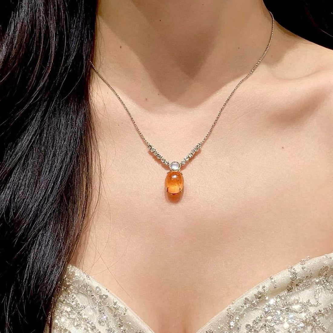 14k Gold 6.2 Ct Natural Spessartine & Diamond Necklace - 4