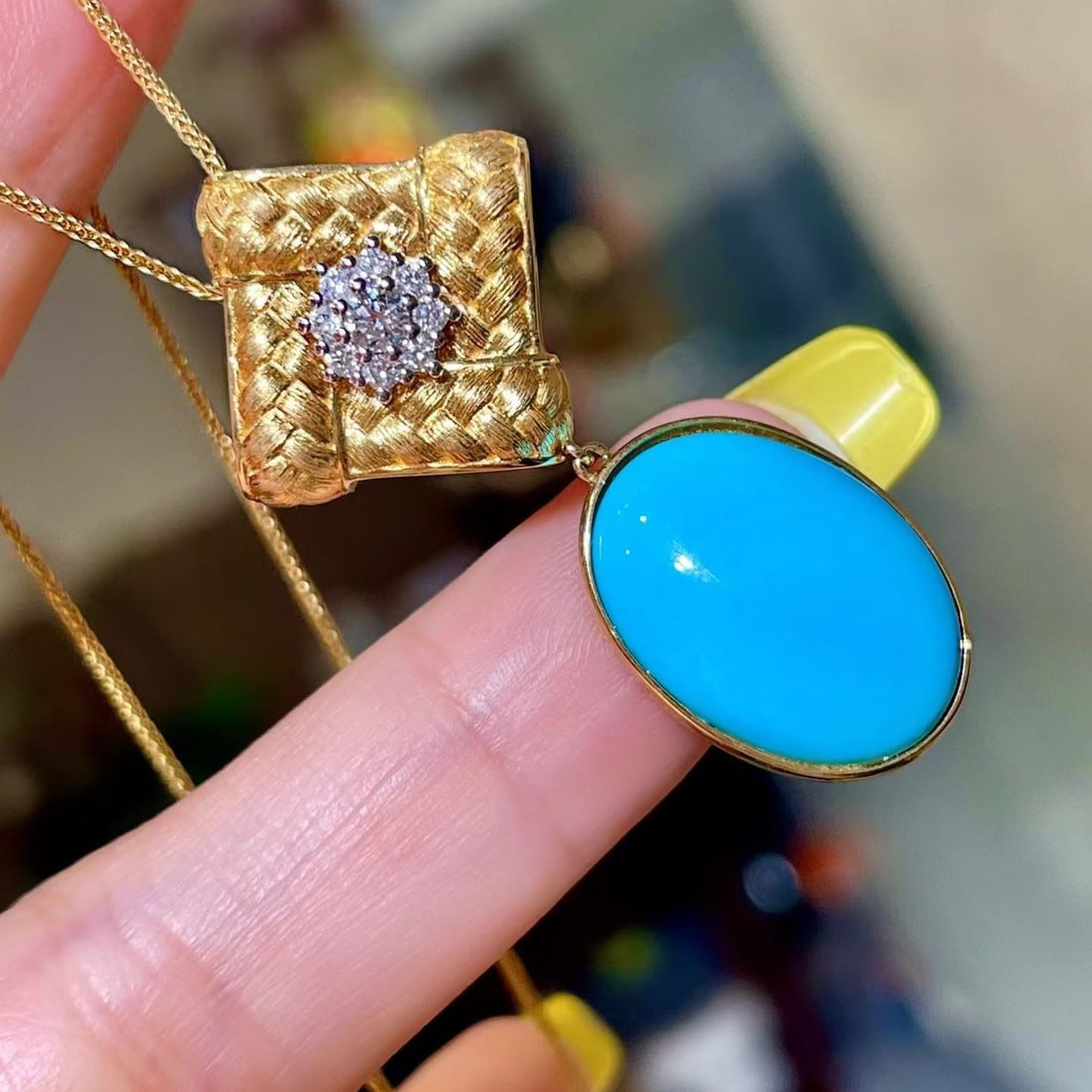 14k Gold 8.78 Ctw Natural Blue Turquoise & Diamond Pendant( Without Chain ) - 2