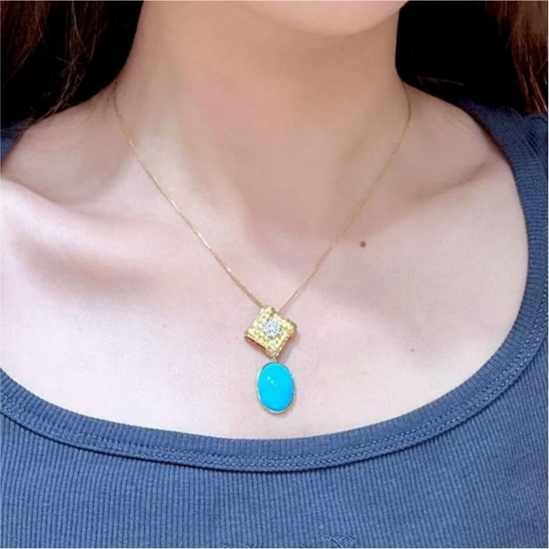 14k Gold 8.78 Ctw Natural Blue Turquoise & Diamond Pendant( Without Chain ) - 3