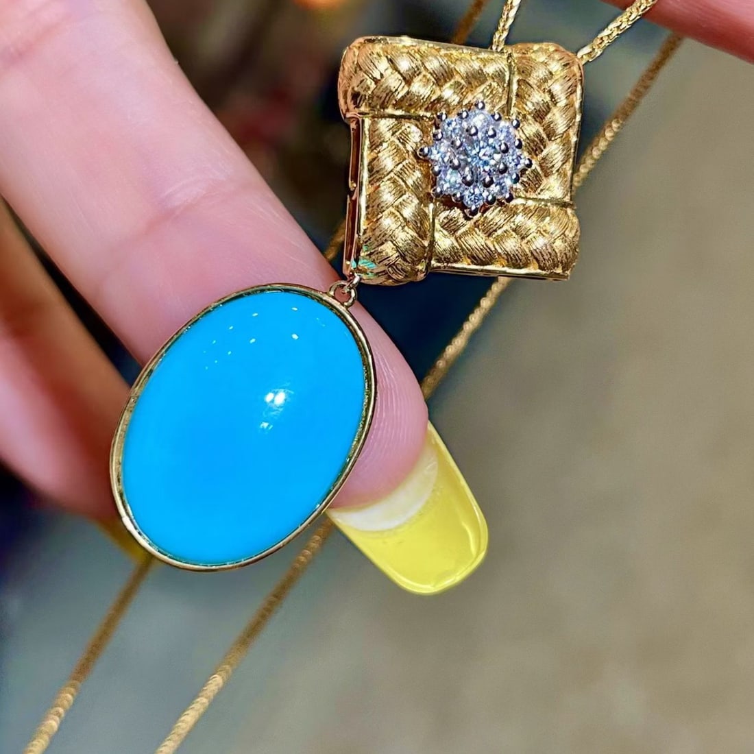 14k Gold 8.78 Ctw Natural Blue Turquoise & Diamond Pendant( Without Chain ) - 4