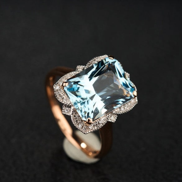 14k Gold 4.97 Ct Natural Aquamarine & Diamond Ring - 7