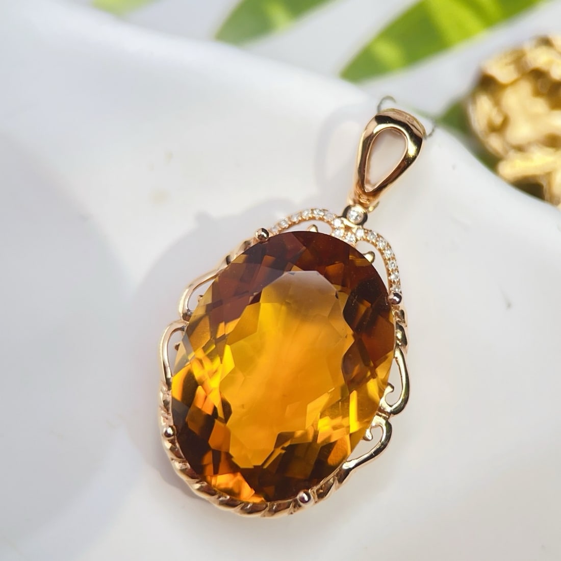 14k Gold 16.50 Ctw Natural Citrine & Diamond Pendant( Without Chain ) - 2