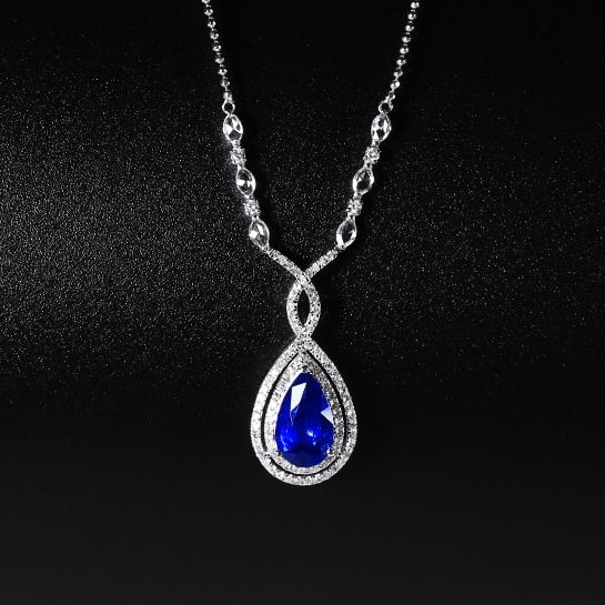 14k Gold 2.10 Ctw Natural Sapphire & Diamond Necklace: Ref:231186302 // gold content:14k gold // main gemstone:sapphire // shape:pear // carat weight:1. 63ct // color:royal blue // treatment:natural // // adjacent gemstone 2 : diamond // number of