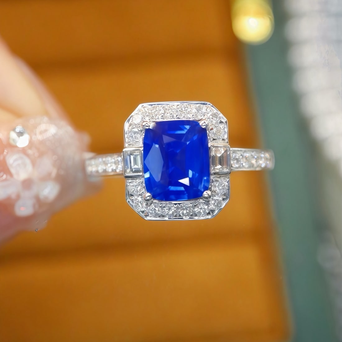 14k Gold 1.43 Ctw Natural Sapphire & Diamond Ring: Ref:231186309 // gold content:14k gold // ring size:7. 25us // // main gemstone:sapphire // shape:cushion // carat weight:1. 10ct // color:blue // treatment:natural // // adjacent gemstone 2 :