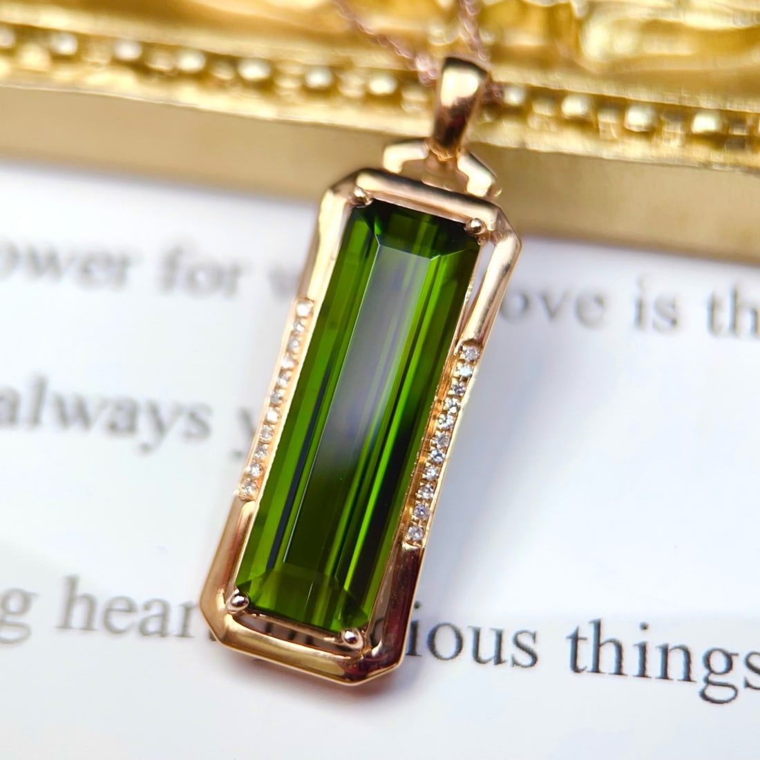 14k Gold 7.31 Ctw Natural Tourmaline & Diamond Pendant( Without Chain ): Ref:231186332 // gold content:14k gold // main gemstone:tourmaline // shape:octagonal // carat weight:7. 25ct // color:green // treatment:natural // // adjacent gemstone 2 : diamond // number of