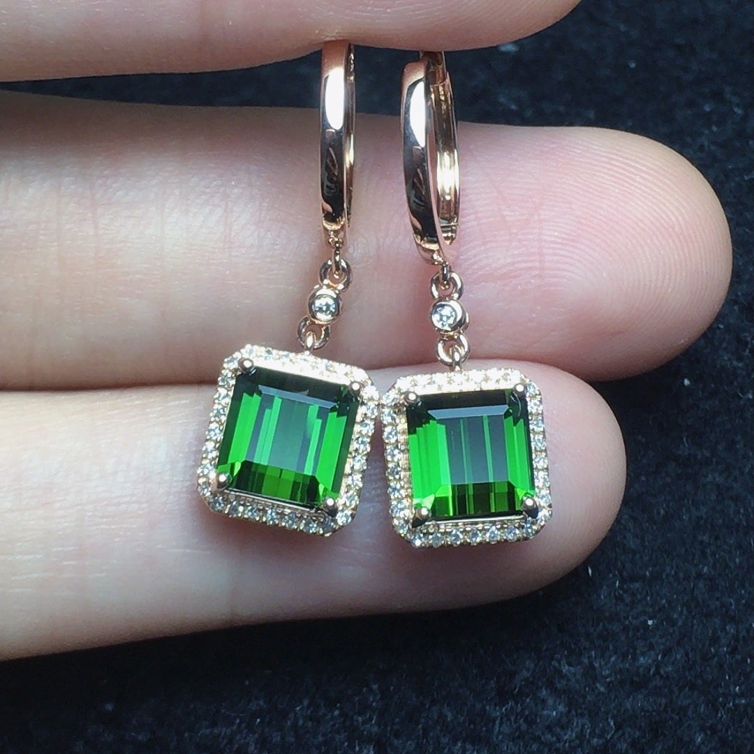 14k Gold 4.0 Ct Natural Tourmaline & Diamond Earrings - 3