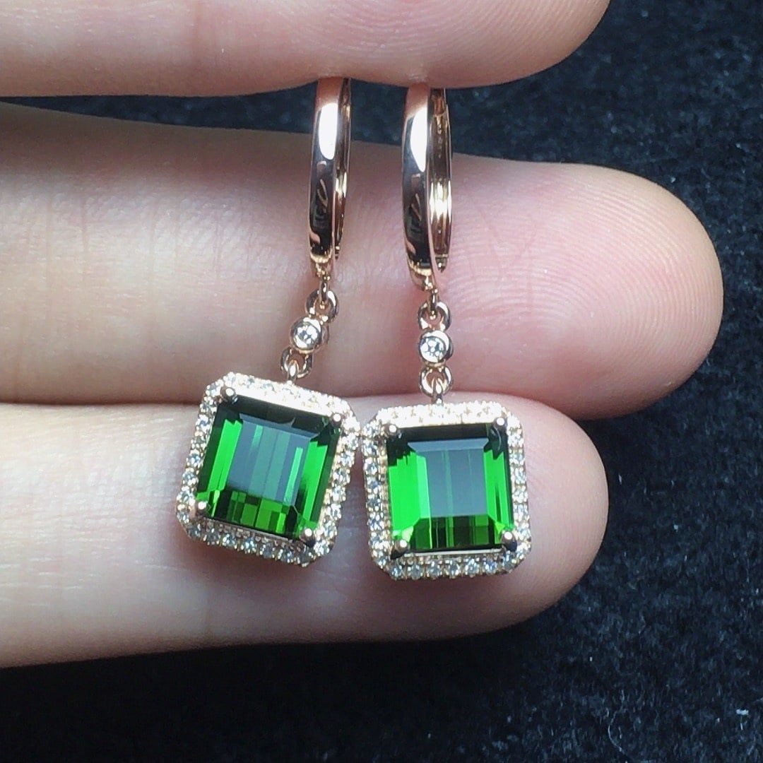 14k Gold 4.0 Ct Natural Tourmaline & Diamond Earrings - 4
