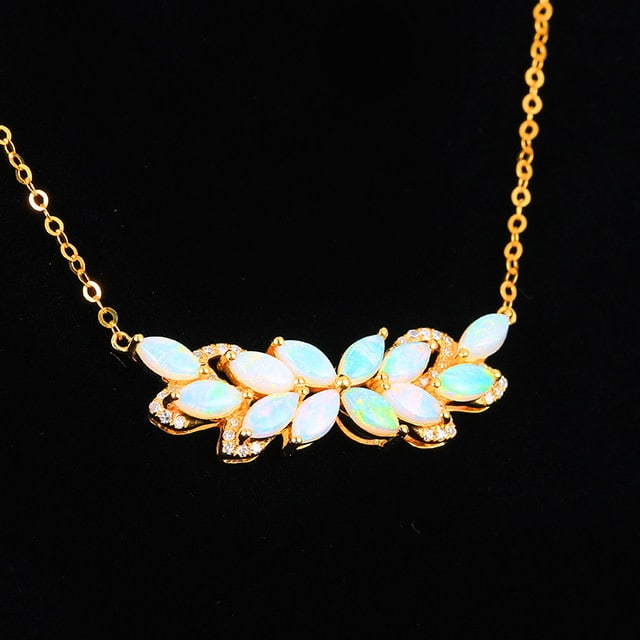 14k Gold 1.19 Ctw Natural Opal & Diamond Necklace - 2