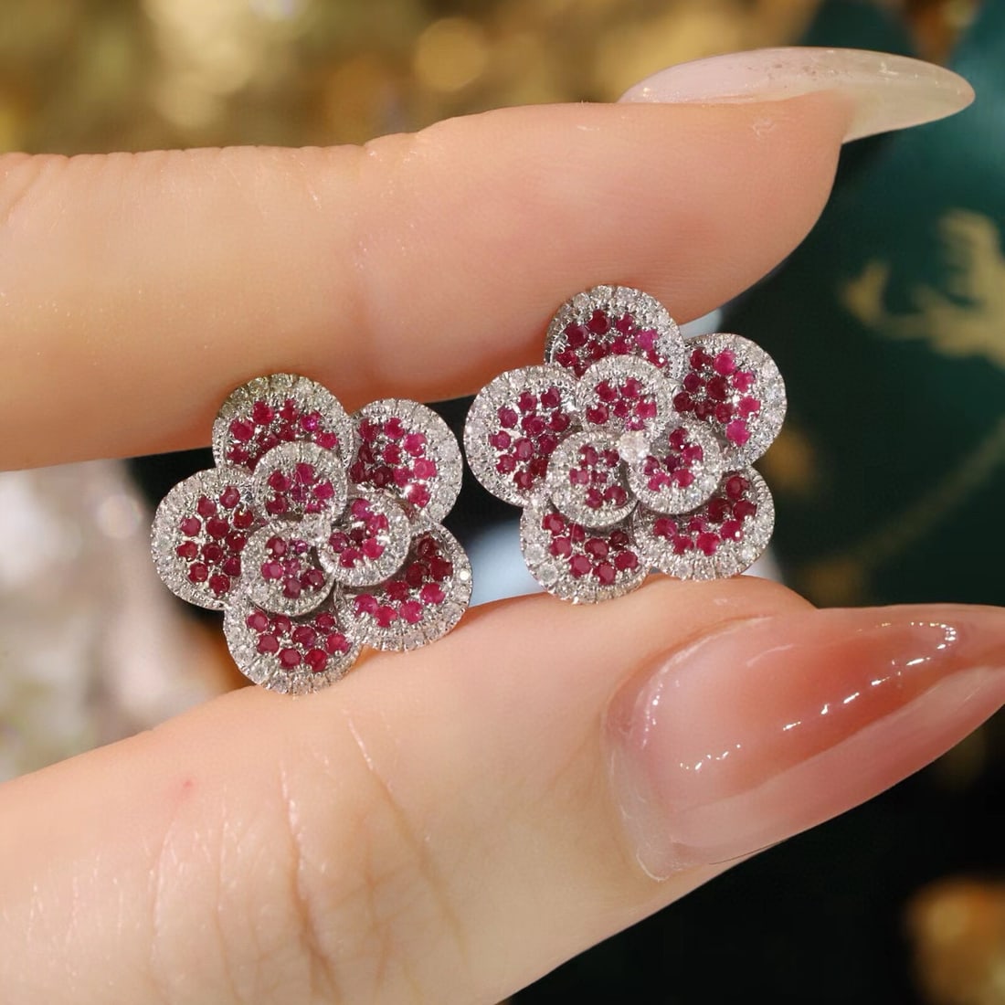 14k Gold 1.2 Ctw Natural Ruby & Diamond & Flowers Earrings - 6