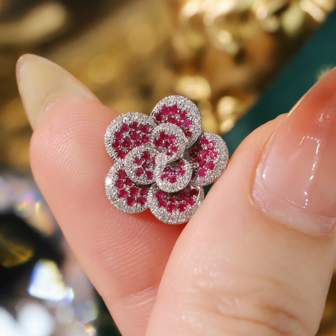 14k Gold 1.2 Ctw Natural Ruby & Diamond & Flowers Earrings - 7