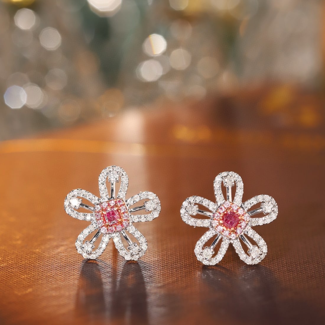 14k Gold 0.56 Ctw Natural Pink Diamond & Diamond & Flowers Earrings: Ref:231186366 // gold content:14k gold // main gemstone:pink diamond // shape:cushion // carat weight:0. 12ct // color:pink // treatment:natural // // adjacent gemstone 2 : diamond // shape:round //