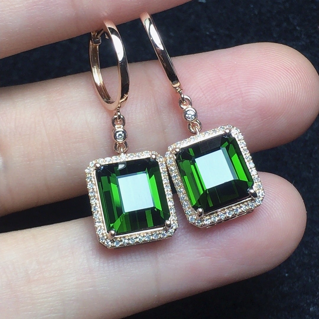 14k Gold 7.28 Ct Natural Tourmaline & Diamond Earrings - 2
