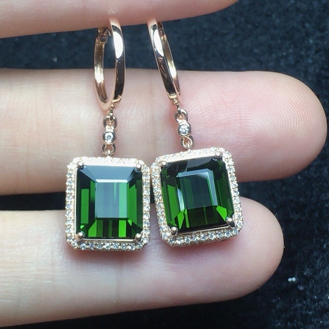 14k Gold 7.28 Ct Natural Tourmaline & Diamond Earrings - 3