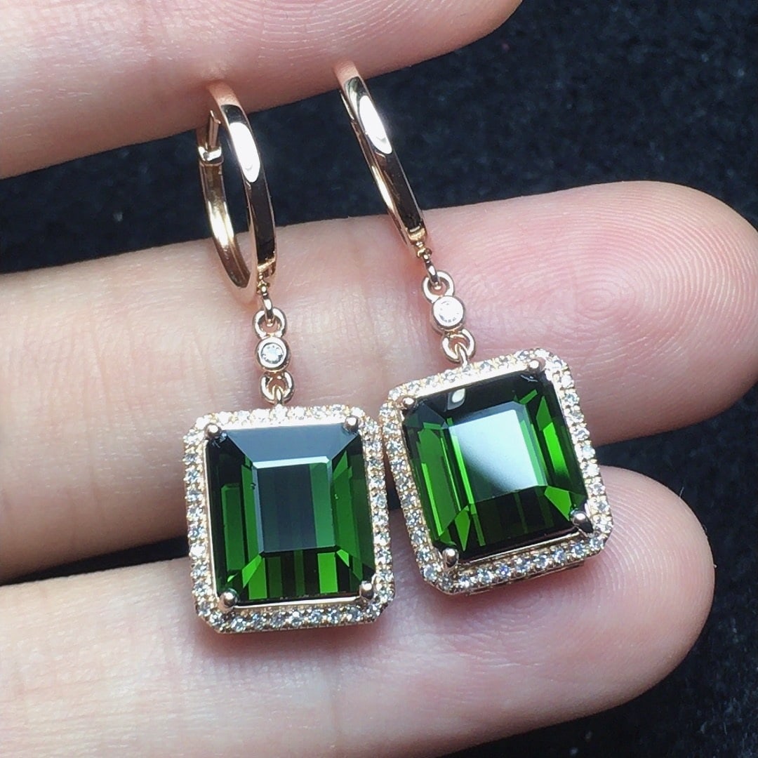 14k Gold 7.28 Ct Natural Tourmaline & Diamond Earrings - 4
