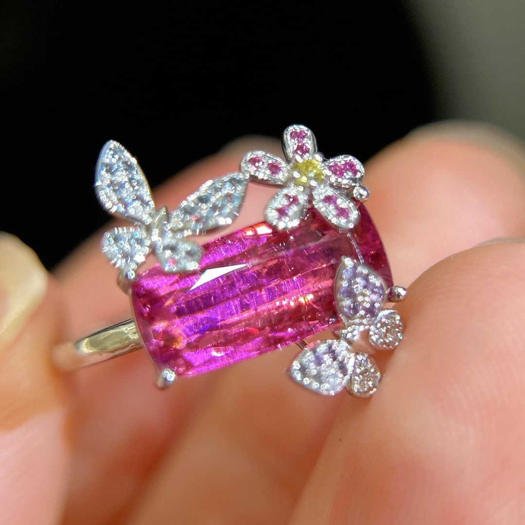 14k Gold 2.43 Ct Natural Tourmaline & Diamond & Sapphire Ring - 2