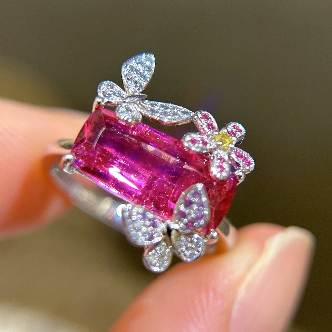 14k Gold 2.43 Ct Natural Tourmaline & Diamond & Sapphire Ring - 3