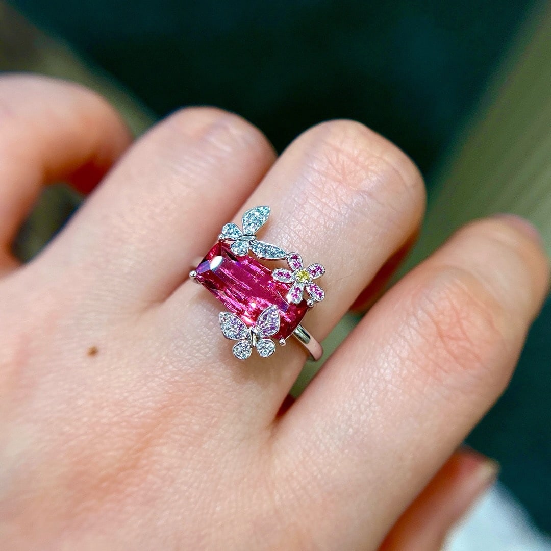 14k Gold 2.43 Ct Natural Tourmaline & Diamond & Sapphire Ring - 5