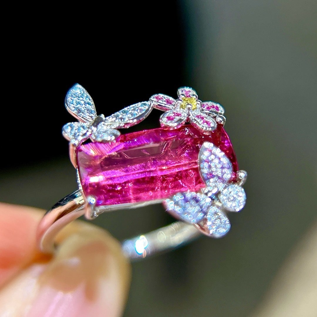 14k Gold 2.43 Ct Natural Tourmaline & Diamond & Sapphire Ring - 6