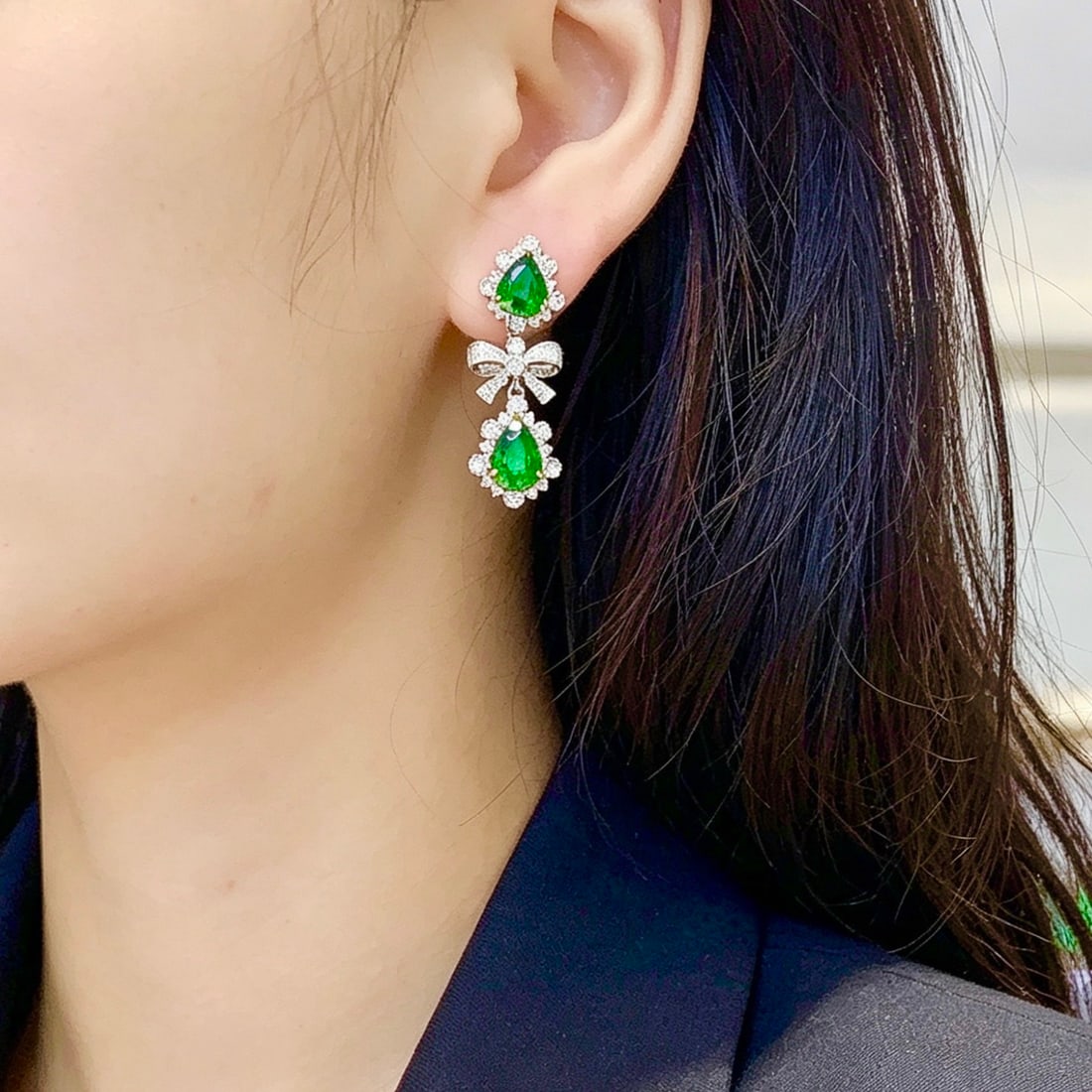14k Gold 4.2 Ct Vivid Green Natural Tsavorite & Diamond Earrings - 5