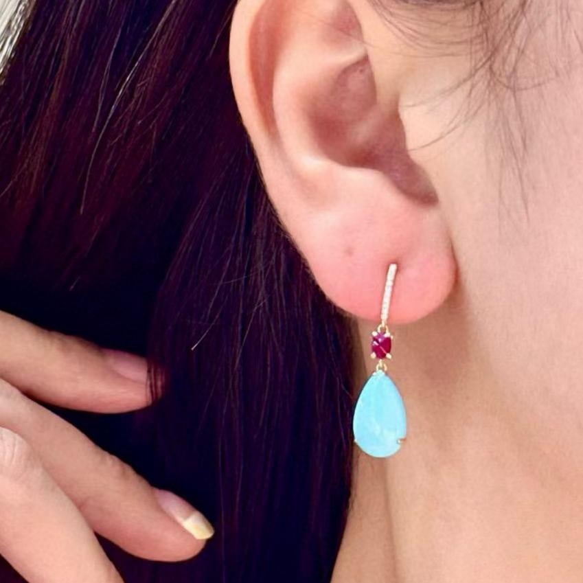 14k Gold 5.41 Ctw Natural Blue Turquoise & Ruby Earrings - 4